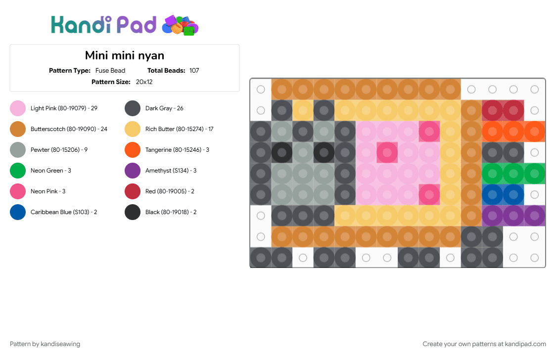 Mini mini nyan - Fuse Bead Pattern by kandiseawing on Kandi Pad - gray, orange, pink, yellow