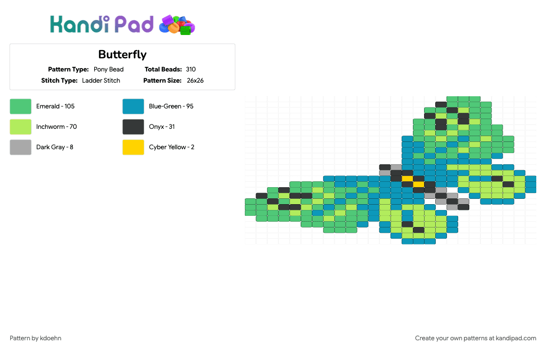 Butterfly - Pony Bead Pattern by kdoehn on Kandi Pad - green, light blue, teal