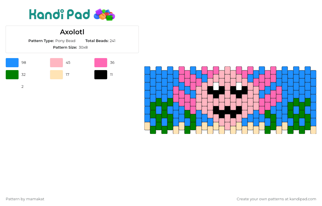 Axolotl - Pony Bead Pattern by mamakat on Kandi Pad - axolotl,underwater,seascape,seaweed,fish,animal,cute,cuff,pink,blue