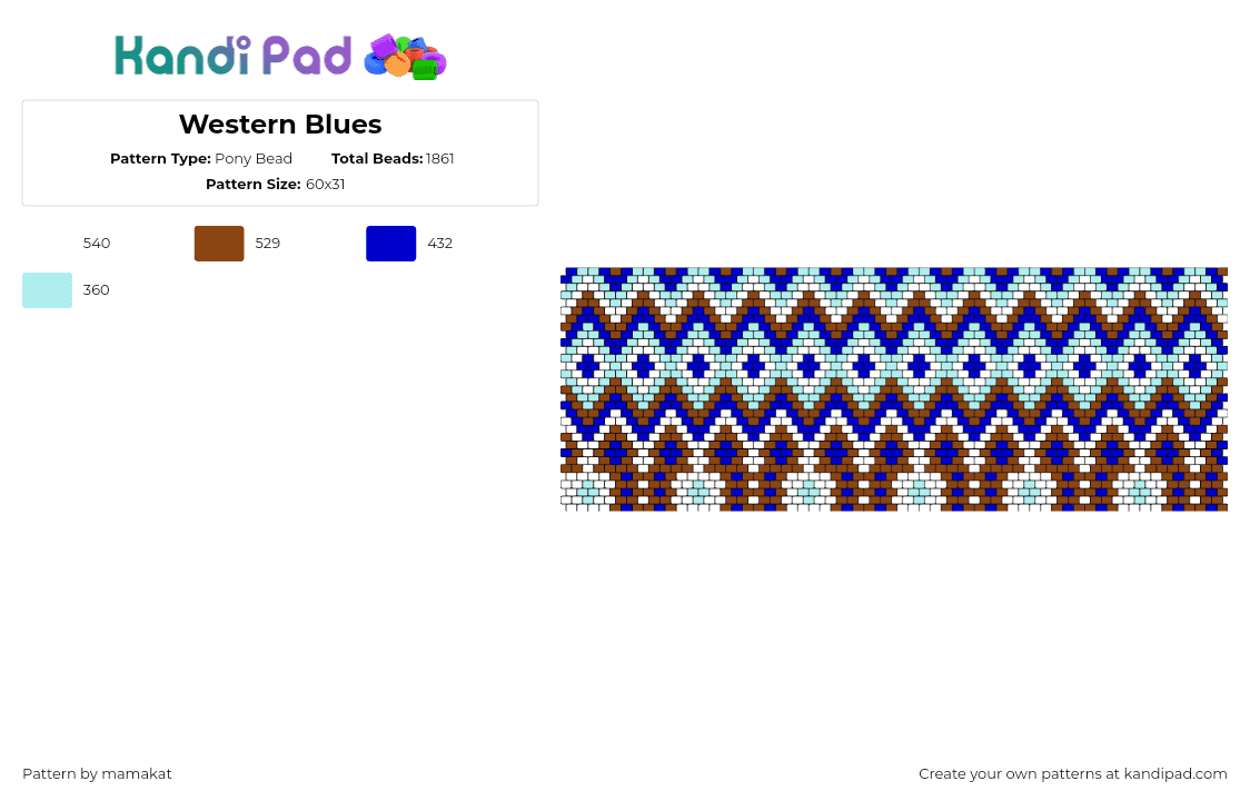 Western Blues - Pony Bead Pattern by mamakat on Kandi Pad - diamond,geometric,repeating,zig zag,basket,blue,light blue,brown