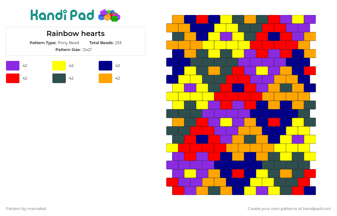 Rainbow hearts - Pony Bead Pattern by mamakat on Kandi Pad - hearts,geometric,panel,colorful,trippy,red,yellow,orange