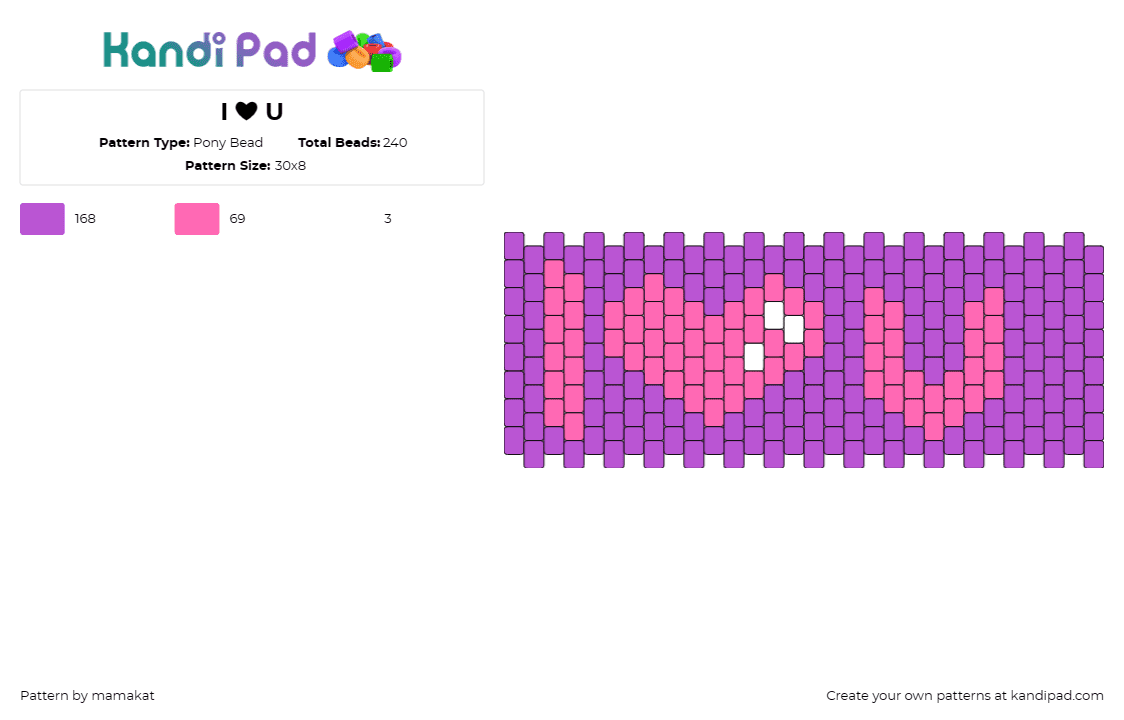 I ❤ U - Pony Bead Pattern by mamakat on Kandi Pad - love,heart,affection,text,cuff,valentines,purple,pink