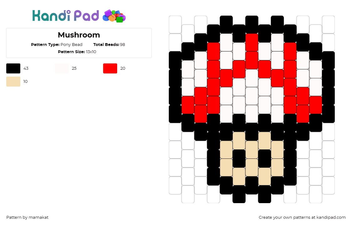 Mushroom - Pony Bead Pattern by mamakat on Kandi Pad - mushroom,mario,nintendo,video game,classic,nostalgia,white,red,beige