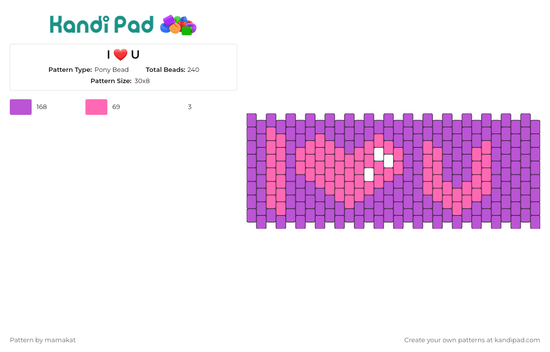 I ❤ U - Pony Bead Pattern by mamakat on Kandi Pad - love,heart,affection,text,cuff,valentines,purple,pink