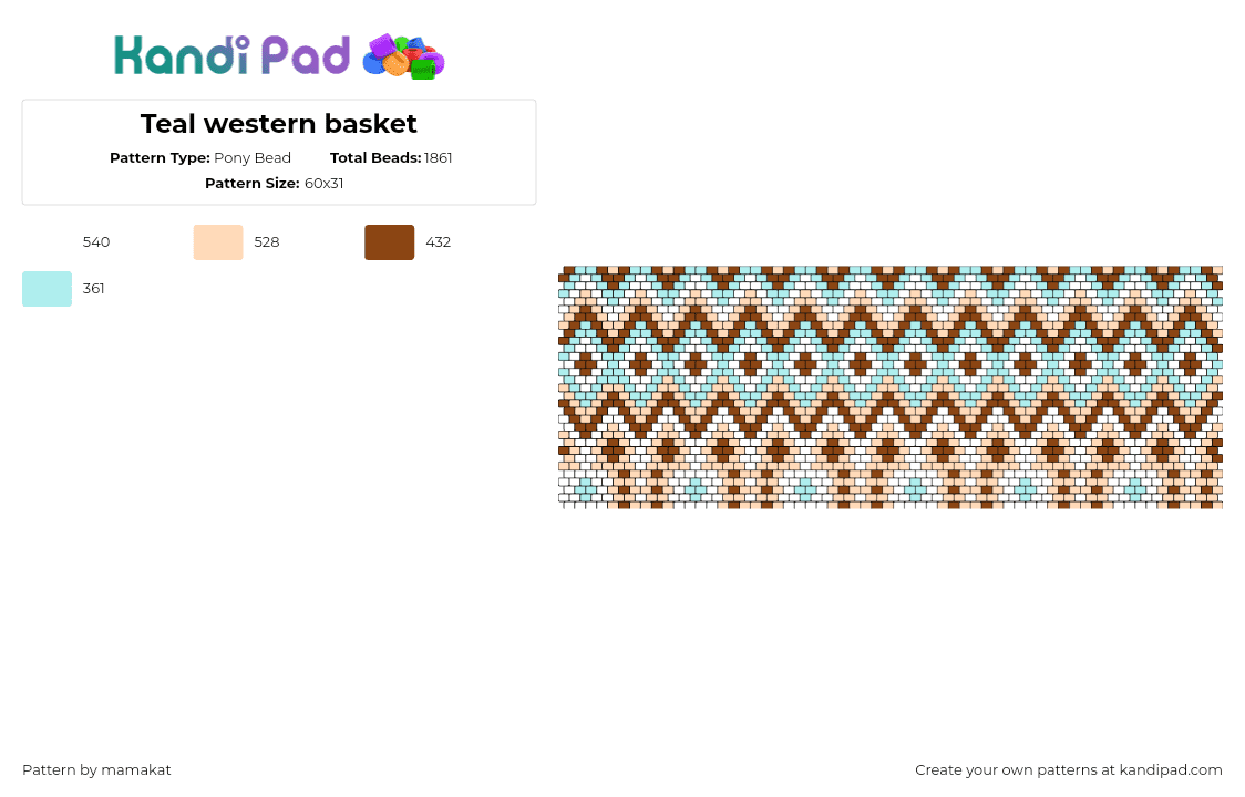 Teal western basket - Pony Bead Pattern by mamakat on Kandi Pad - geometric,diamond,zig zag,repeating,panel,basket,trippy,teal,brown