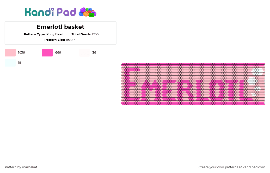 Emerlotl basket - Pony Bead Pattern by mamakat on Kandi Pad - emerlotl,name,text,axolotl,cuff,basket,panel,pink