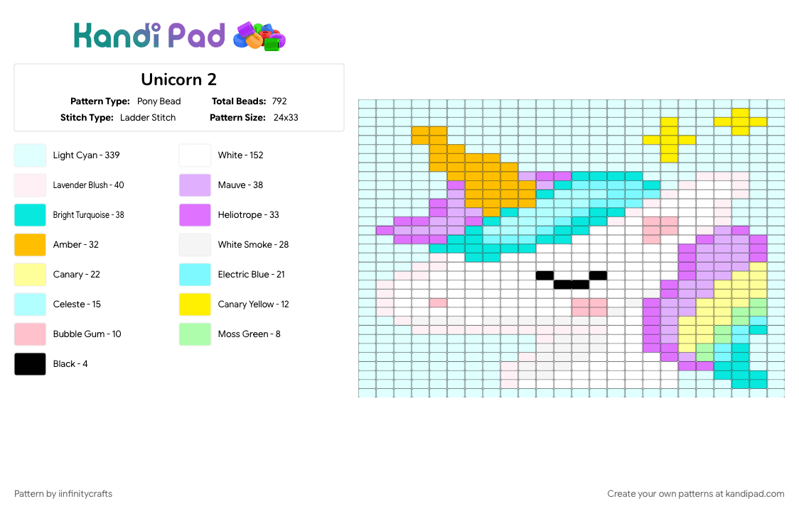 Unicorn 2 - Pony Bead Pattern by iinfinitycrafts on Kandi Pad - light blue, pink, white, yellow