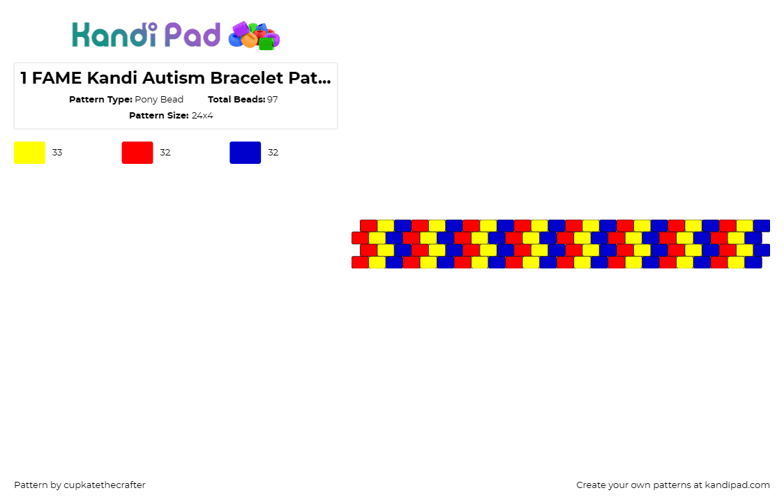 1 FAME Kandi Autism Bracelet Pattern - Pony Bead Pattern by cupkatethecrafter on Kandi Pad - autism,colorful,stripes,bracelet,cuff,yellow,blue,red