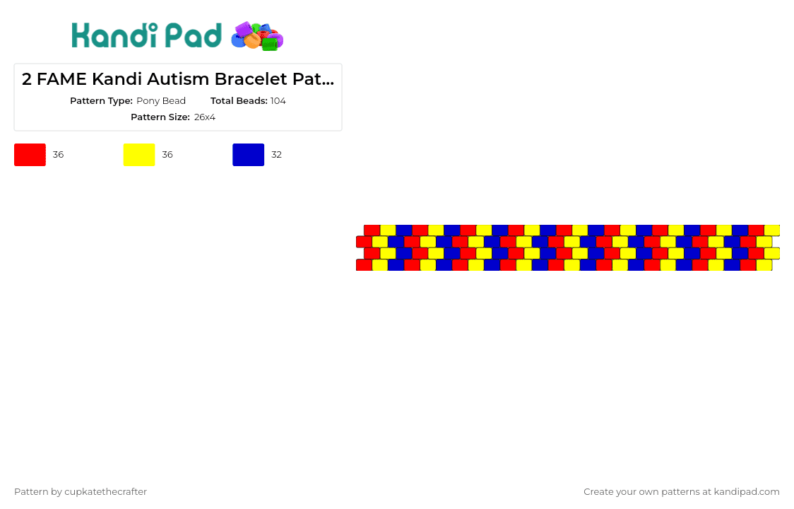 2 FAME Kandi Autism Bracelet Pattern - Pony Bead Pattern by cupkatethecrafter on Kandi Pad - autism,colorful,stripes,bracelet,cuff,yellow,blue,red
