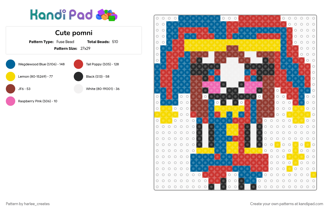 Cute pomni - Fuse Bead Pattern by harlee_creates on Kandi Pad - blue, cute, red, tadc, tadc pomni, tv show