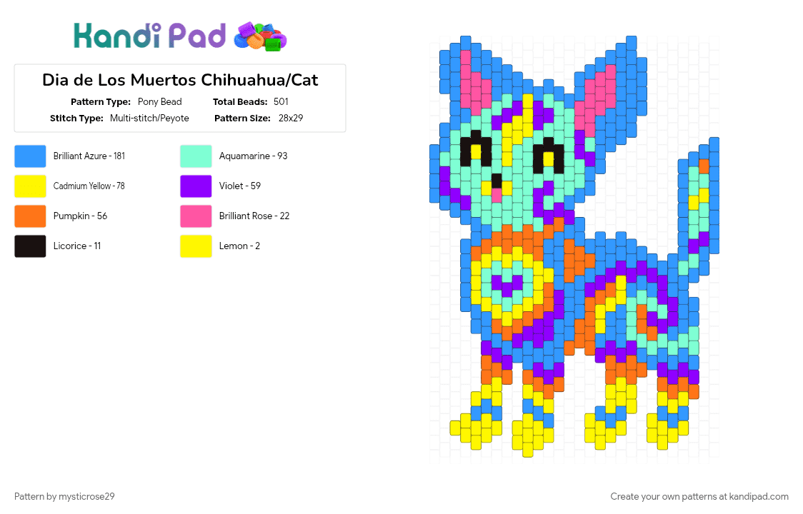 Dia de Los Muertos Chihuahua/Cat - Pony Bead Pattern by mysticrose29 on Kandi Pad - cat, colorful, day of the dead, dia de los muertos, halloween, kitty, light blue, mexican, sugar skull, teal, yellow
