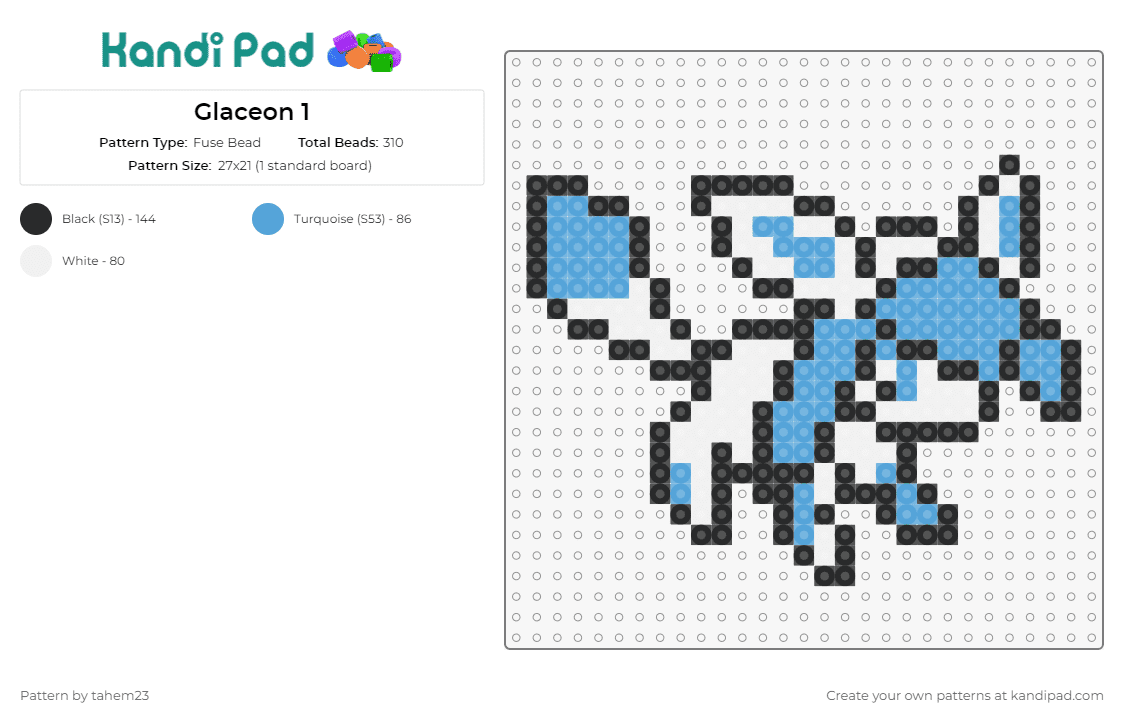 Glaceon 1 - Fuse Bead Pattern by tahem23 on Kandi Pad - glaceon,pokemon,eevee,evolution,character,cute,gaming,light blue,white