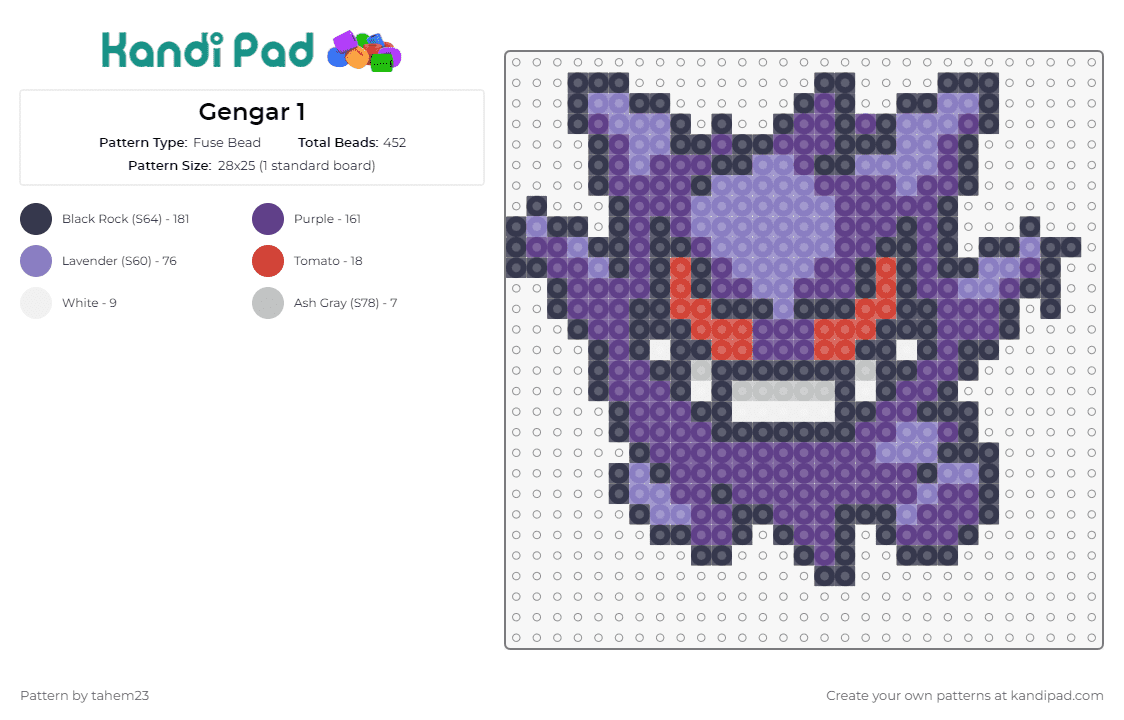Gengar 1 - Fuse Bead Pattern by tahem23 on Kandi Pad - gengar,pokemon,evolution,gastly,character,gaming,purple
