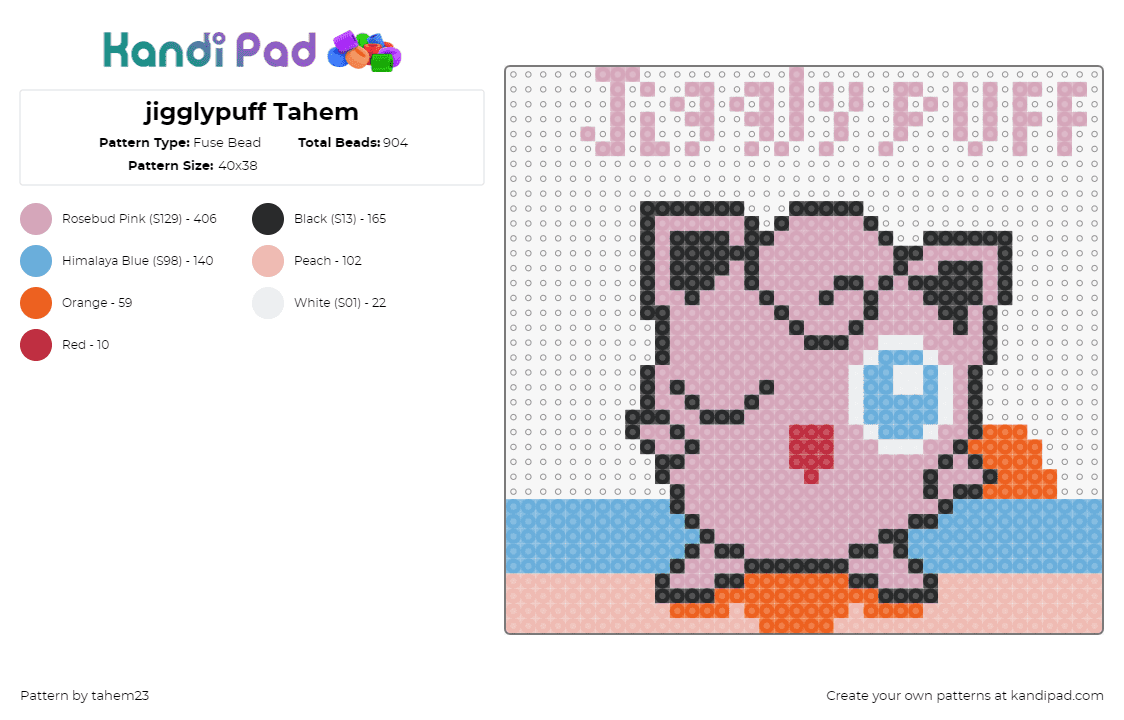 jigglypuff Tahem - Fuse Bead Pattern by tahem23 on Kandi Pad - jigglypuff,pokemon,character,gaming,wink,cute,wave,pink