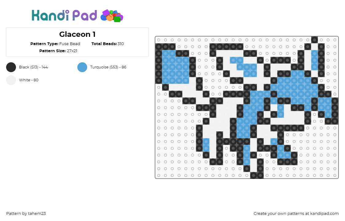 Glaceon 1 - Fuse Bead Pattern by tahem23 on Kandi Pad - glaceon,pokemon,eevee,evolution,character,cute,gaming,light blue,white