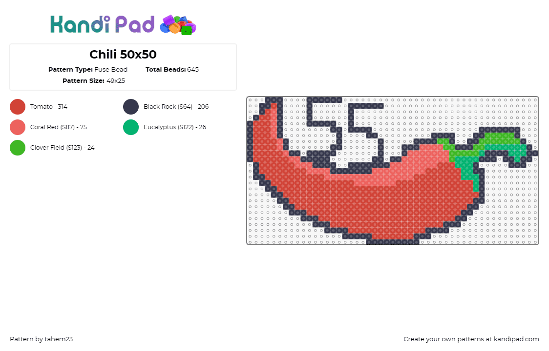 Chili 50x50 - Fuse Bead Pattern by tahem23 on Kandi Pad - chili,pepper,carlos sainz,racing,number,sports,hot,red,green