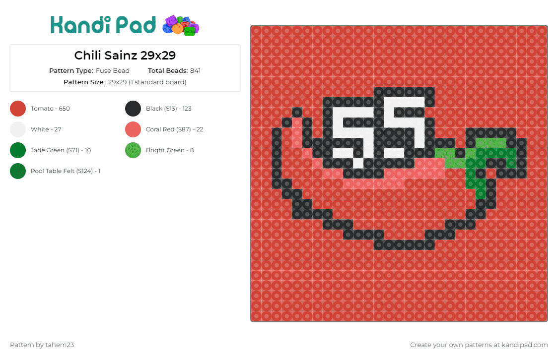 Chili Sainz 29x29 - Fuse Bead Pattern by tahem23 on Kandi Pad - chili,pepper,carlos sainz,racing,number,sports,hot,red,green