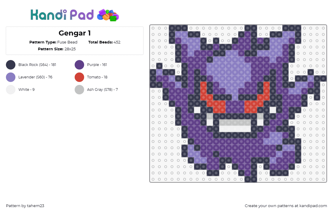 Gengar 1 - Fuse Bead Pattern by tahem23 on Kandi Pad - gengar,pokemon,evolution,gastly,character,gaming,purple