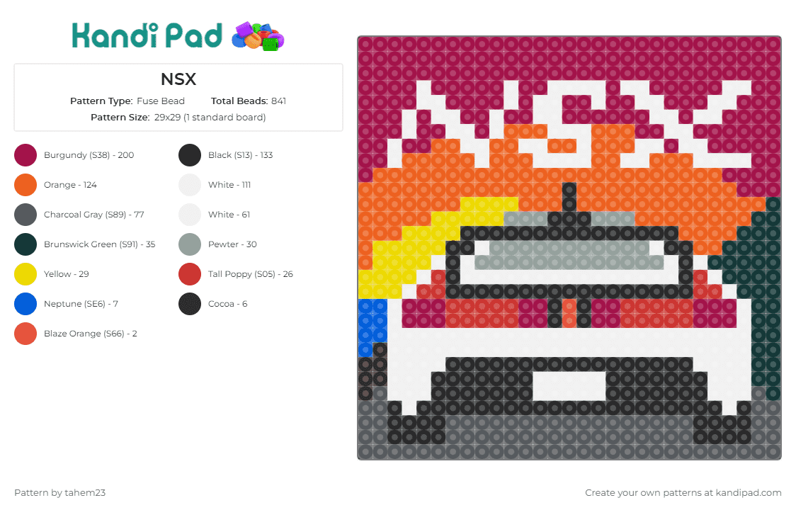 NSX - Fuse Bead Pattern by tahem23 on Kandi Pad - nsx,honda,car,text,sunset,vehicle,white,red,orange