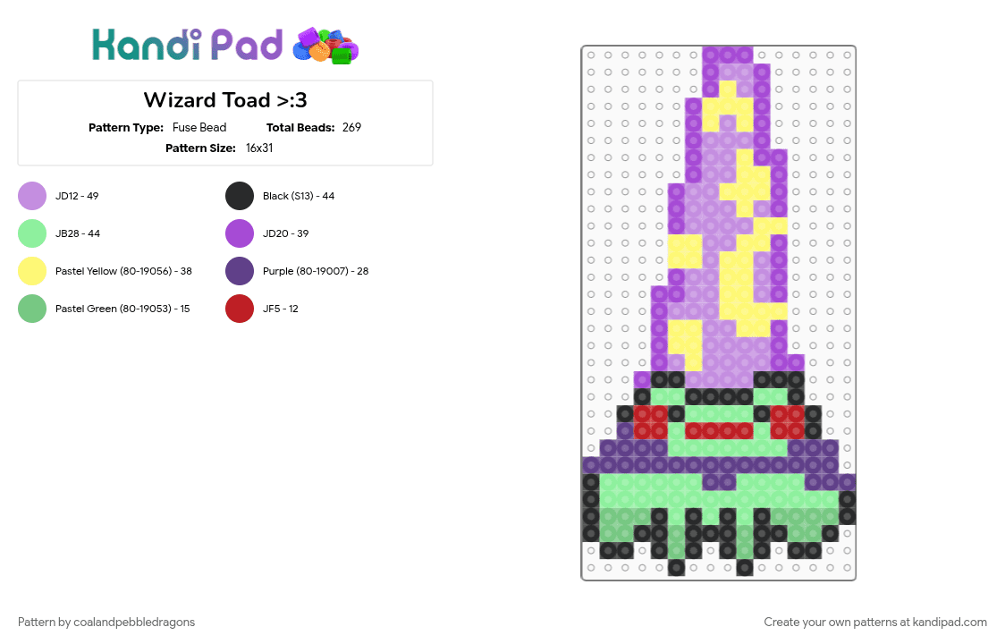 Wizard Toad >:3 - Fuse Bead Pattern by coalandpebbledragons on Kandi Pad - fantasy, magic, magical, pink, purple, teal, toad, wizard