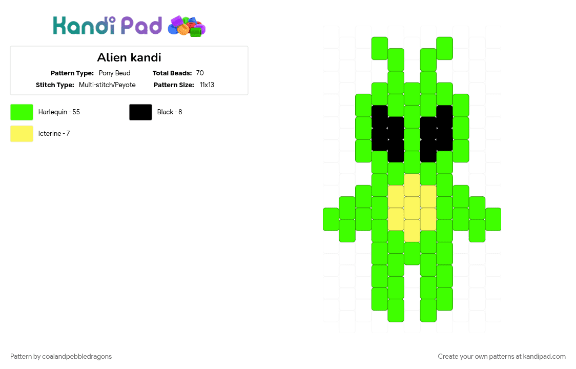 Alien kandi - Pony Bead Pattern by coalandpebbledragons on Kandi Pad - alien, character, charm, green, scifi, space
