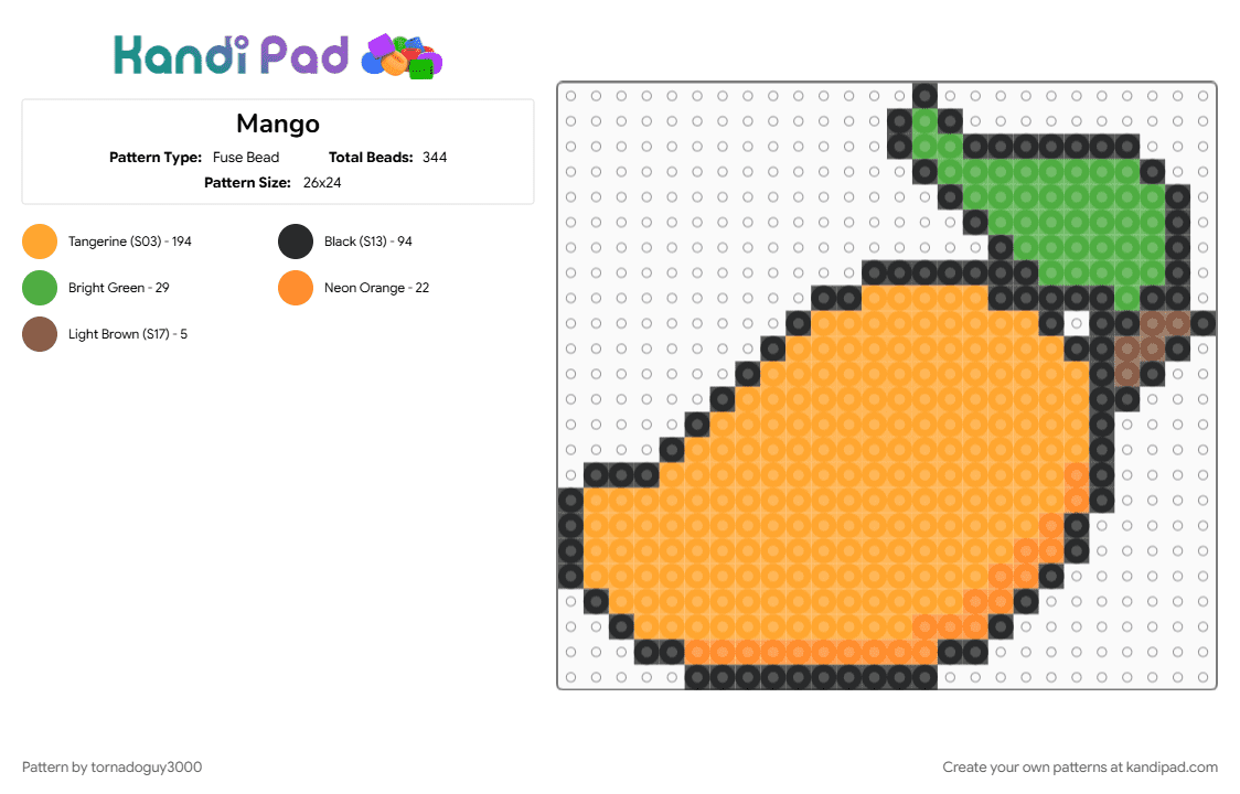 Mango - Fuse Bead Pattern by tornadoguy3000 on Kandi Pad - cotdtropicalfruit, fruit, mango, orange, summer