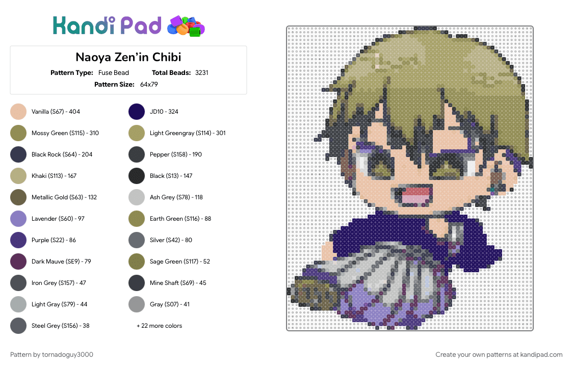 Naoya Zen’in Chibi - Fuse Bead Pattern by tornadoguy3000 on Kandi Pad - anime, anime boy, anime character, animesimple, character, chibi