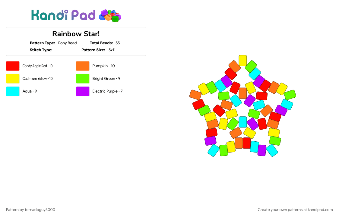 Rainbow Star! - Pony Bead Pattern by tornadoguy3000 on Kandi Pad - colorful, green, orange, rainbow, star