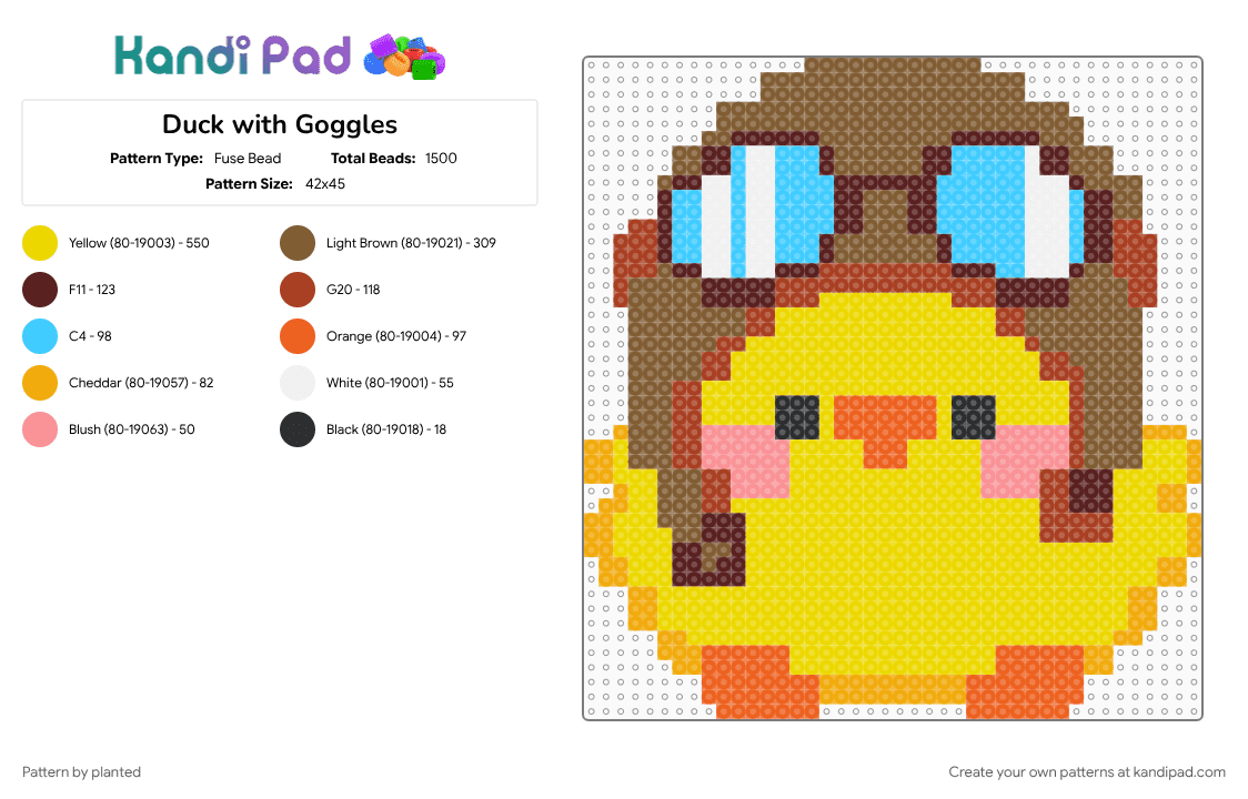 Duck with Goggles - Fuse Bead Pattern by planted on Kandi Pad - animal, bird, duck, tan, yellow