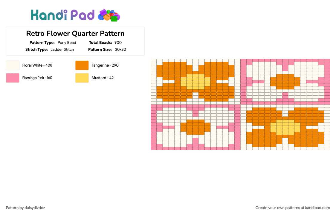 Retro Flower Quarter Pattern - Pony Bead Pattern by daisydizdoz on Kandi Pad - 60s, 70s, colorful, flower, flowers, nature, orange, pink, retro, vintage