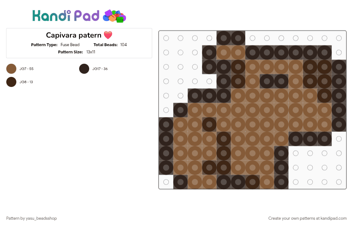 Baby capivara - Fuse Bead Pattern by yasu_beadsshop on Kandi Pad - animal, brown, character, charm, cute, fofo, small, starter, tan