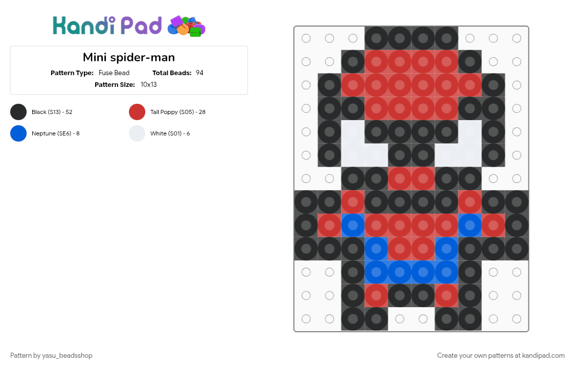 Mini spider-man - Fuse Bead Pattern by yasu_beadsshop on Kandi Pad - black, character, gaming, movie, red, scifi, superhero, video game