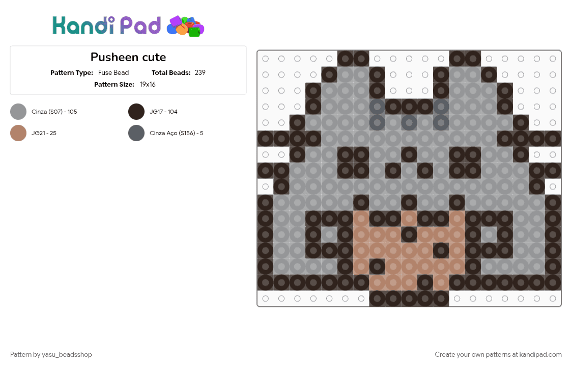 Pusheen cute - Fuse Bead Pattern by yasu_beadsshop on Kandi Pad - brown, character, charm, cotdkawaii, cute, gray, kawaii