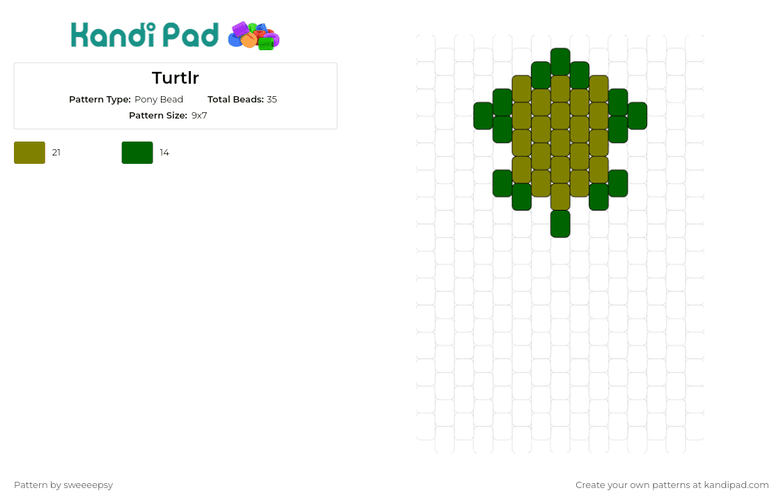 Turtlr - Pony Bead Pattern by sweeeepsy on Kandi Pad - turtle,reptile,animal,charm,simple,green