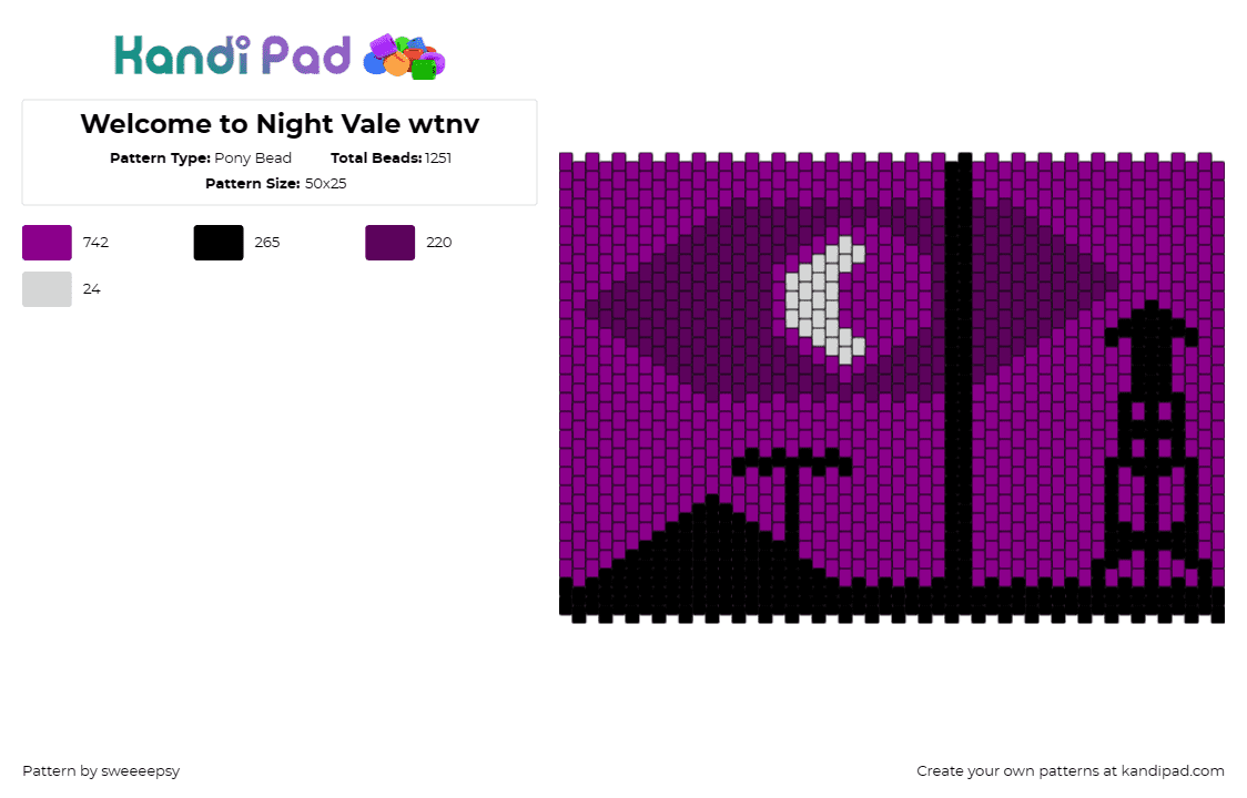 Welcome to Night Vale wtnv - Pony Bead Pattern by sweeeepsy on Kandi Pad - welcome to night vale,podcast,landscape,panel,spooky,moon,silhouette,black,purpl