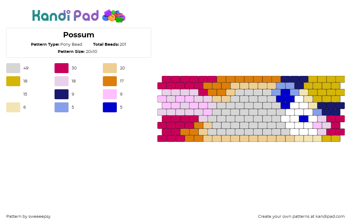 Possum - Pony Bead Pattern by sweeeepsy on Kandi Pad - opossum,marsupial,animal,cuff,colorful,gray,pink,tan