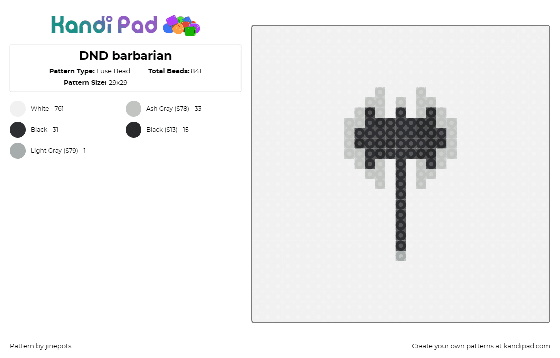 DND barbarian - Fuse Bead Pattern by jinepots on Kandi Pad - axe,dnd,weapon,dungeons and dragons,simple,black,gray