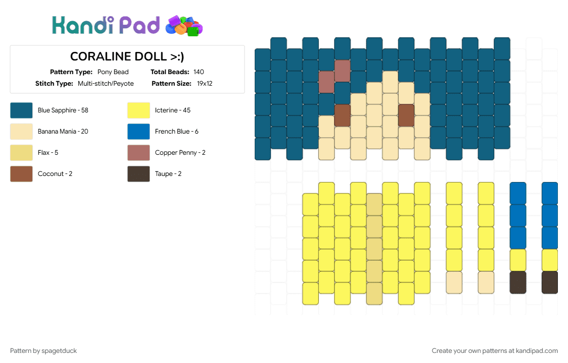 CORALINE DOLL >:) - Pony Bead Pattern by spagetduck on Kandi Pad - blue, coraline, halloween, kandi doll, movie, spooky, yellow