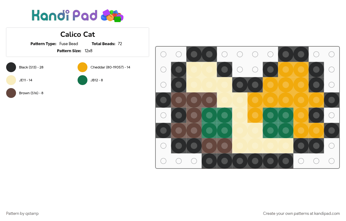 Cat #2 - Fuse Bead Pattern by qstarrp on Kandi Pad - beige, caat, calico, cat, meiw, meow, mew, orange