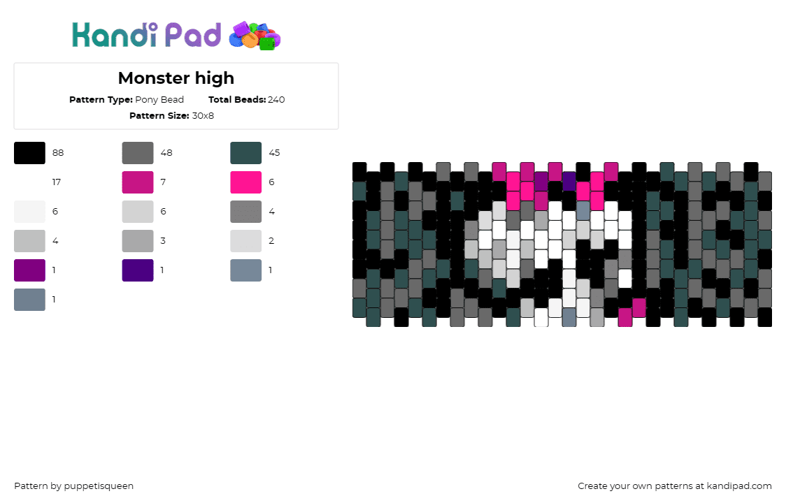 Monster high - Pony Bead Pattern by puppetisqueen on Kandi Pad - monster high,skull,tv show,dark,cartoon,cuff,gray,white