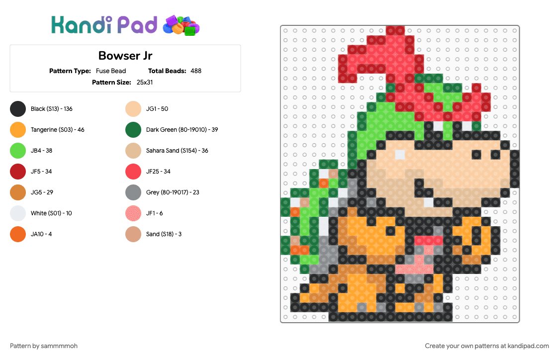 Bowser Jr - Fuse Bead Pattern by sammmmoh on Kandi Pad - beige, bowser, bowser jr, green, mario party, orange, red