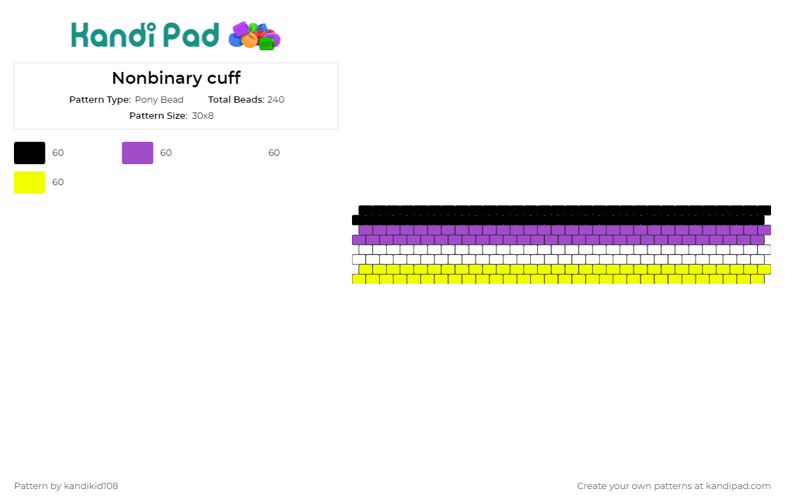 Nonbinary cuff - Pony Bead Pattern by kandikid108 on Kandi Pad - non binary,pride,cuff,stripes