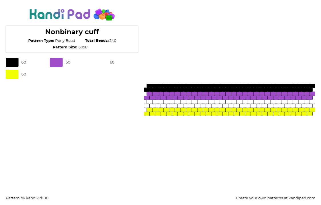 Nonbinary cuff - Pony Bead Pattern by kandikid108 on Kandi Pad - nonbinary,pride,horizontal,stripes,cuff,community,yellow,white,purple