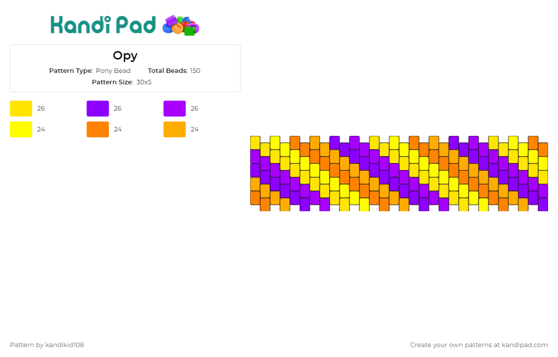 Opy - Pony Bead Pattern by kandikid108 on Kandi Pad - stripes,cuff,colorful