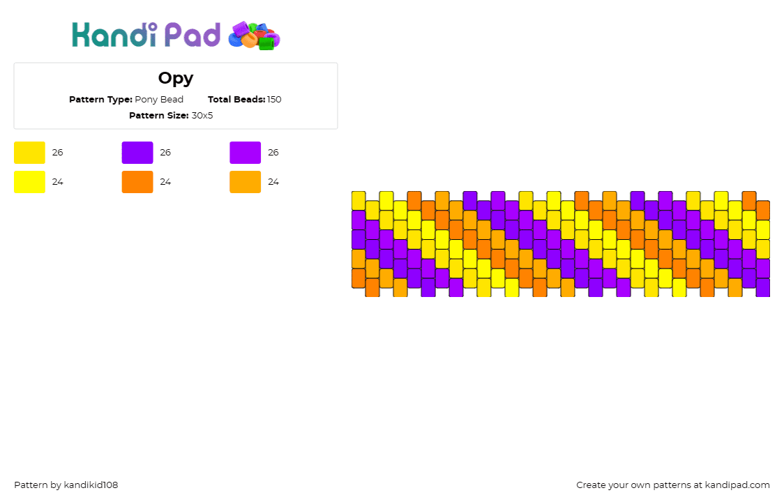 Opy - Pony Bead Pattern by kandikid108 on Kandi Pad - diagonal,stripes,cuff,colorful,orange,purple,yellow