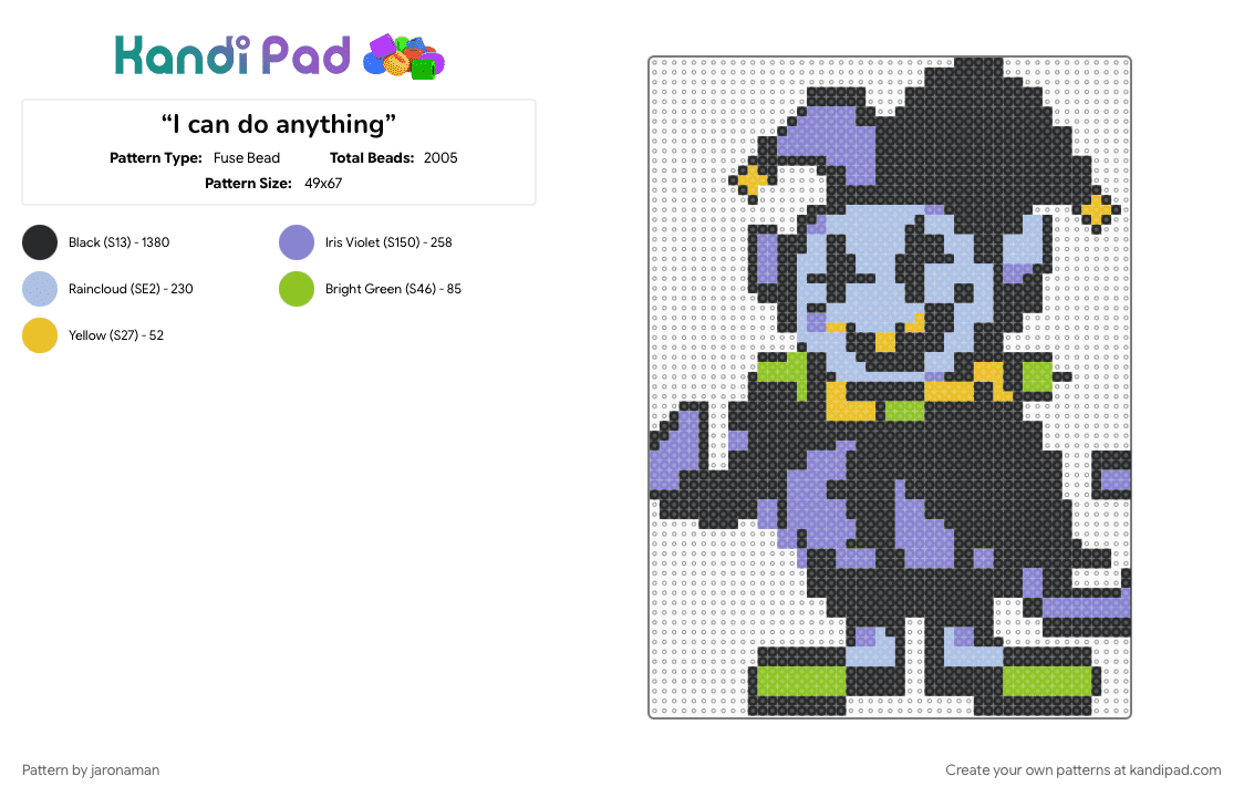 “I can do anything” - Fuse Bead Pattern by jaronaman on Kandi Pad - black, blue, clown, deltarune, deltarune chapter 1, jester, jevil, light blue