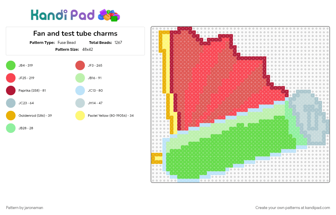 Fan and test tube charms - Fuse Bead Pattern by jaronaman on Kandi Pad - fan ii, fantube, green, red, test tube ii