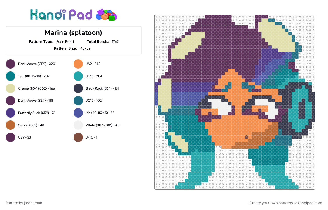 Marina (splatoon) - Fuse Bead Pattern by jaronaman on Kandi Pad - orange, pink, purple, teal