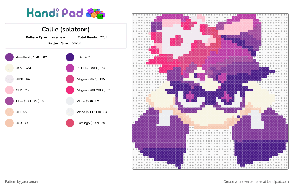 Callie (splatoon) - Fuse Bead Pattern by jaronaman on Kandi Pad - 