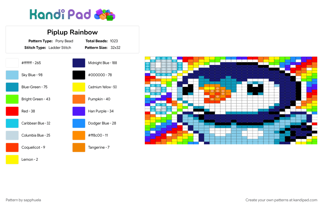 Piplup Rainbow - Pony Bead Pattern by sapphuela on Kandi Pad - light blue, piplup, pokemon, purple